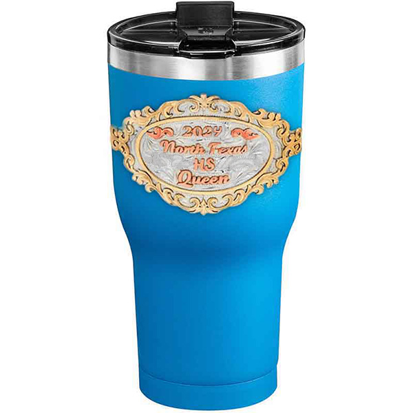 A customized tumbler made of stainless steel with a personalized engraved initials and North Texas High School Queen lettering, 30 oz, ideal for coffee or cool drinks